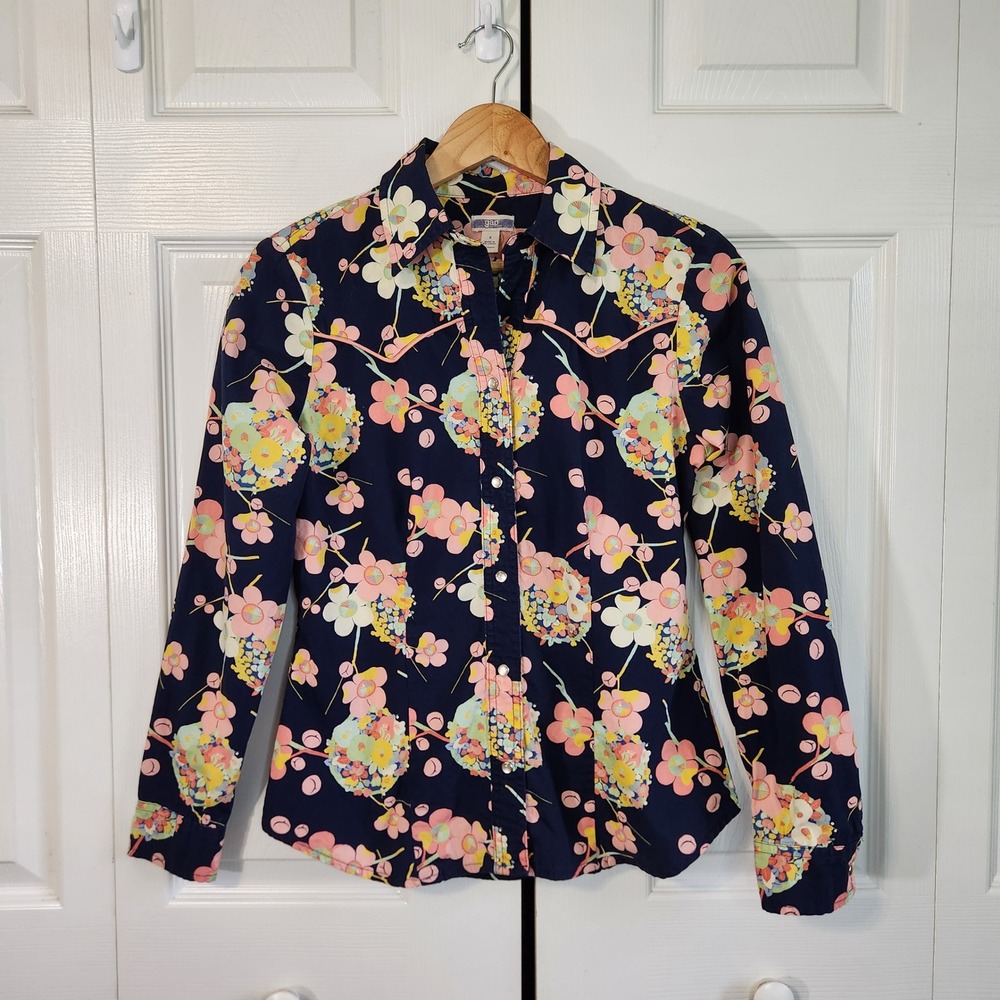 Vintage GAP Womens Floral Pearl Snap Western Shirt Navy Pink Long‎ Sleeve Small
